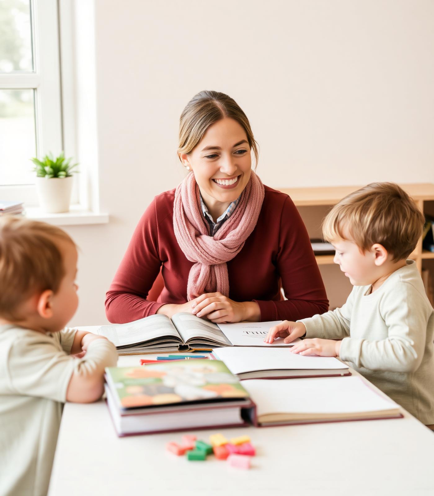 A PAGE4 educator engaging warmly with two young children over open books