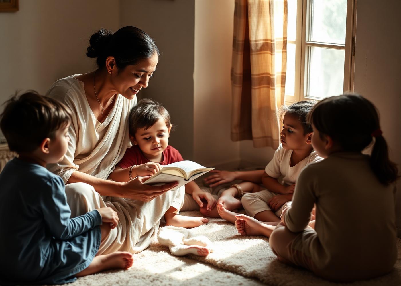 K. Sreedevi reading a picture book with a small group of children